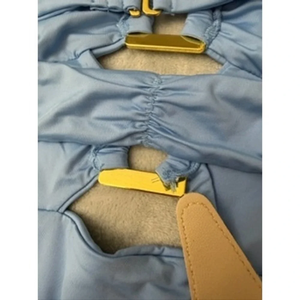 NWT Soluna One Piece Swimsuit Women Blue Ruffle Cutout Gold Hardware $98 Medium